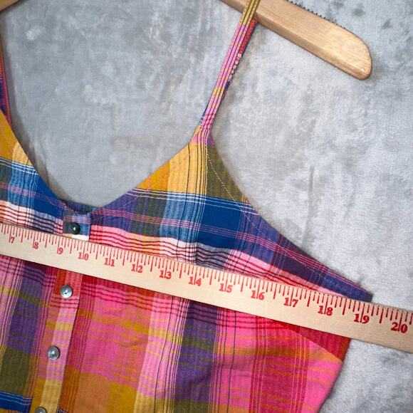 Evereve Dress L Sofia Boho Multicolor Plaid Tiered Button Midi Spaghetti Straps - Picture 9 of 10
